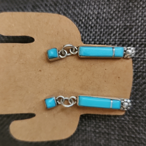 Gorgeous Native American Zuni Inlay Turquoise Dangle Earrings - Picture 2 of 9